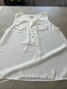 Sleeveless White Stud-Trim Henley  Top missing a button